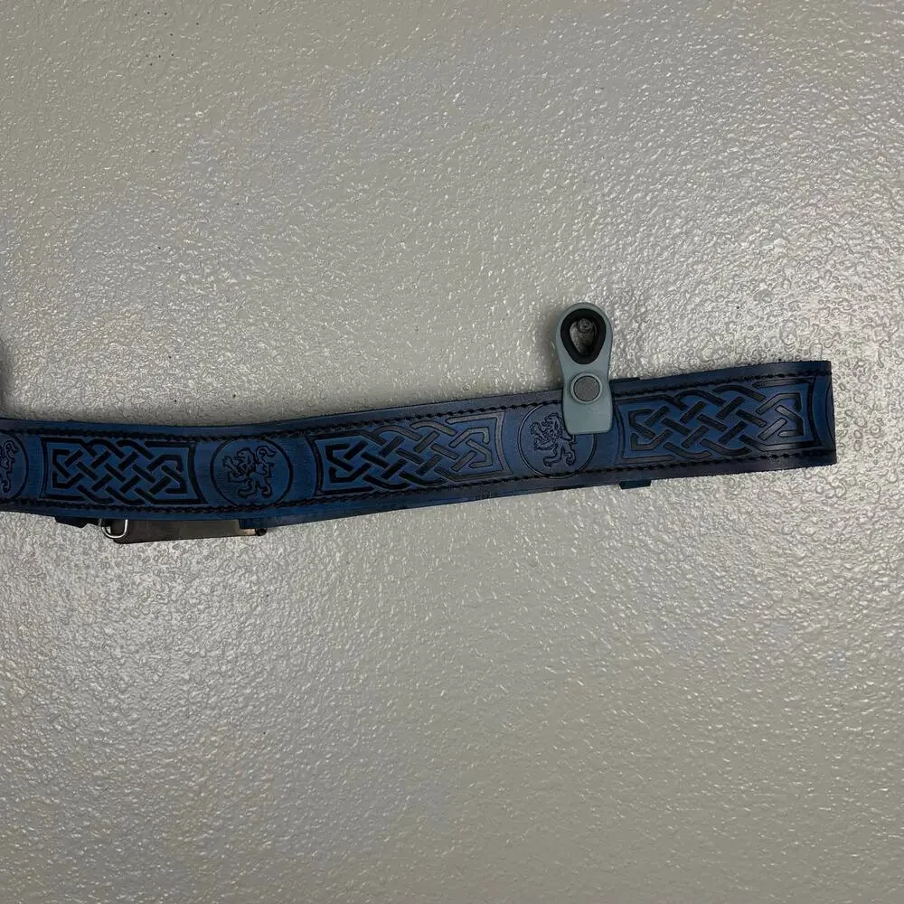 Size XXL Sport Kilt Belt Blue Gold Buckle Lion Black Filigree Detail Velcro